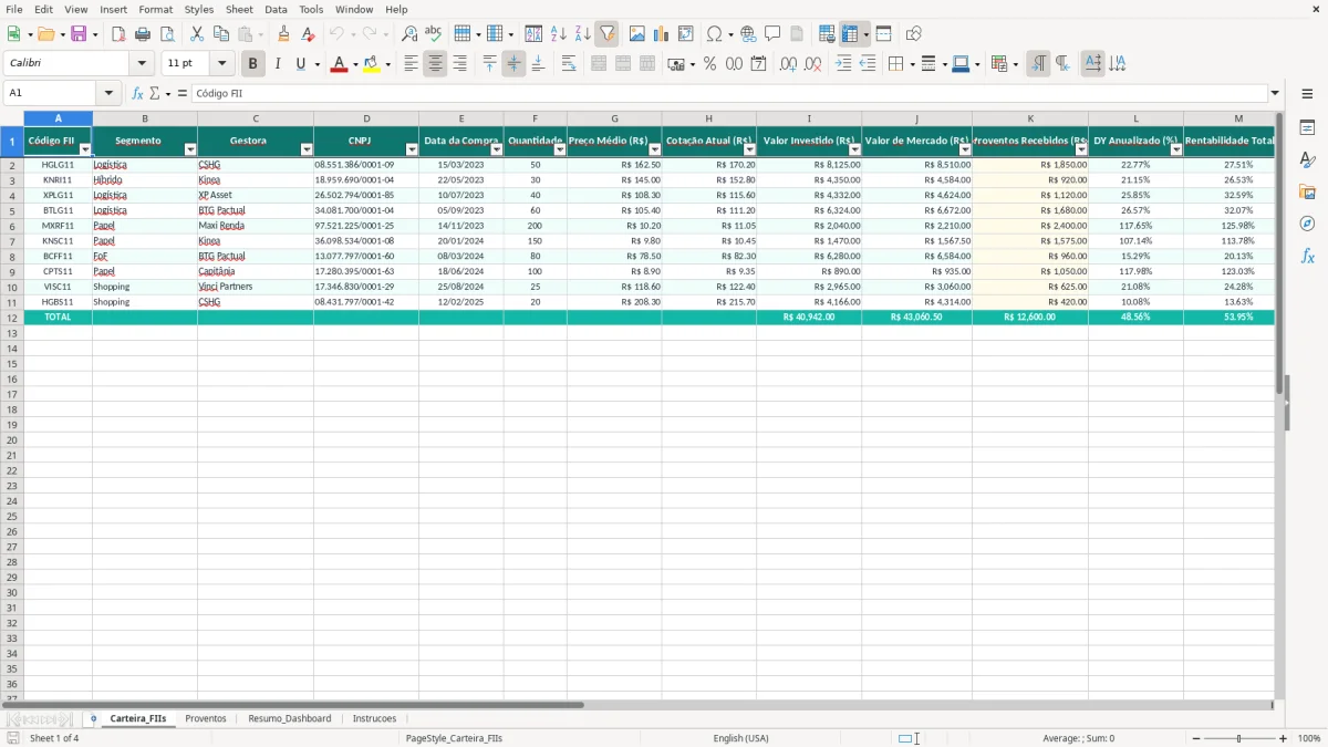 Captura de tela 1: Aba Carteira_FIIs - Planilha Excel planilha fundos imobiliarios