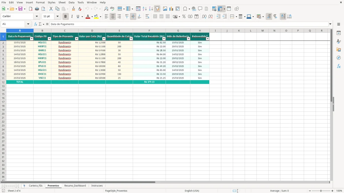 Captura de tela 2: Aba Proventos - Planilha Excel planilha fundos imobiliarios