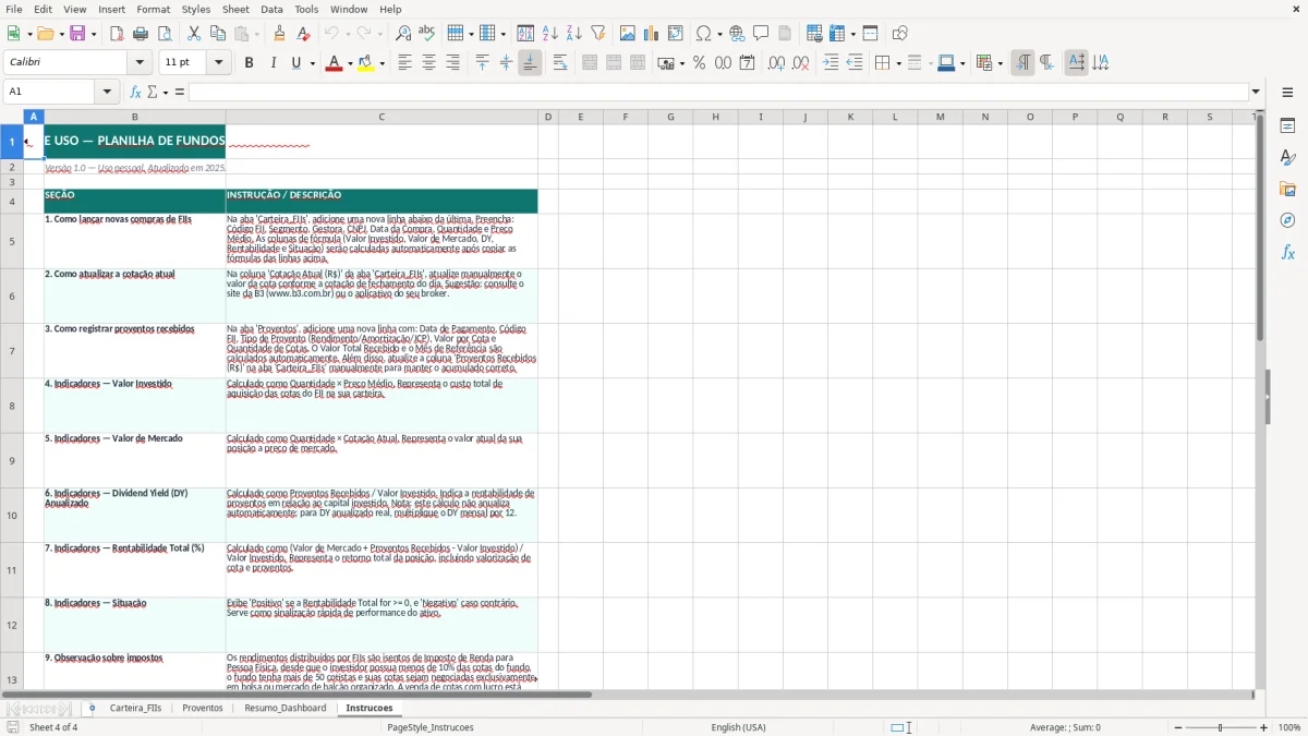 Captura de tela 4: Aba Instrucoes - Planilha Excel planilha fundos imobiliarios