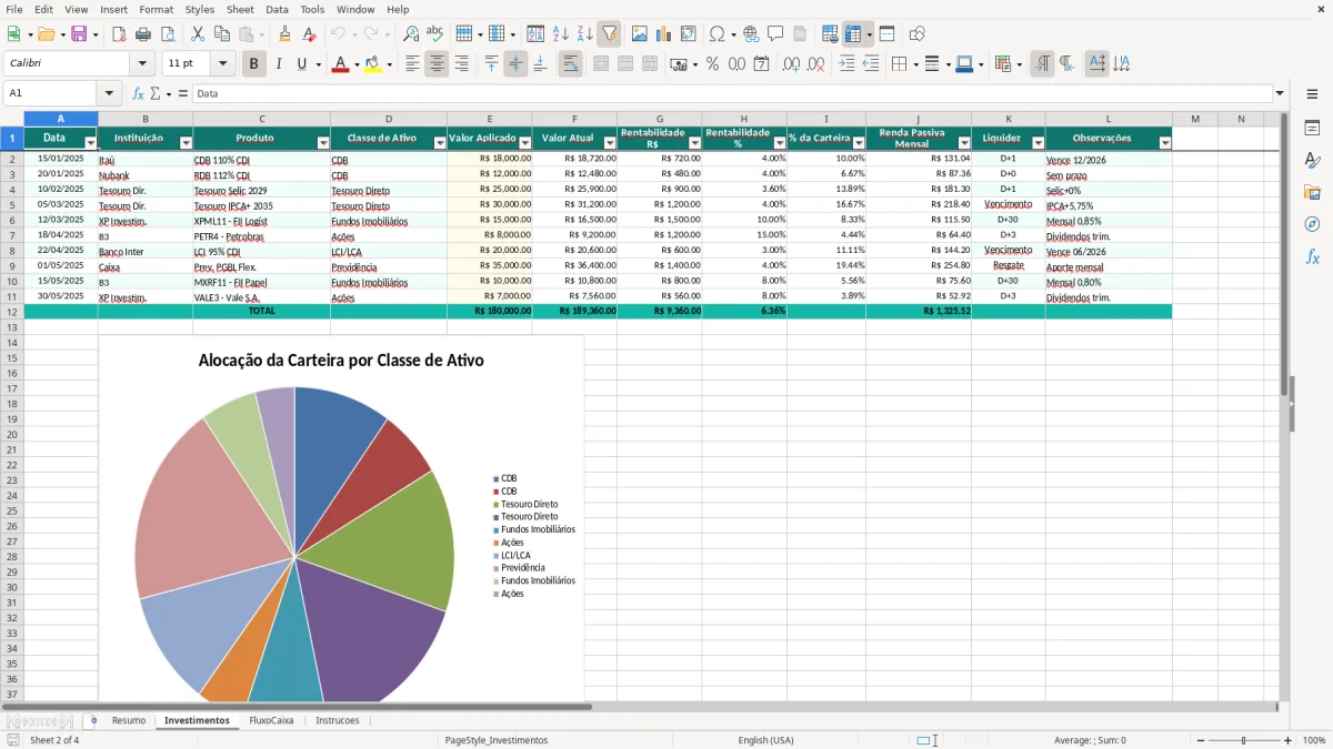 Captura de tela 2: Aba Investimentos - Planilha Excel planilha independencia financeira