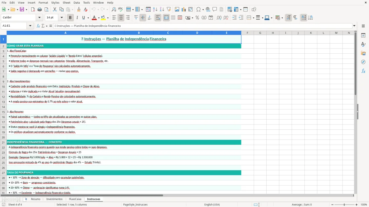 Captura de tela 4: Aba Instrucoes - Planilha Excel planilha independencia financeira