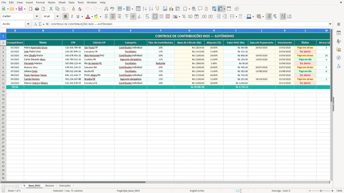 Captura de tela 1: Aba Base_INSS - Planilha Excel planilha inss autonomo
