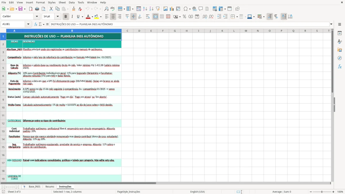 Captura de tela 3: Aba Instruções - Planilha Excel planilha inss autonomo