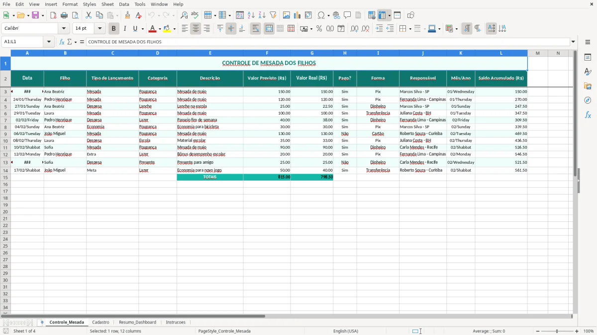 Captura de tela 1: Aba Controle_Mesada - Planilha Excel planilha mesada dos filhos