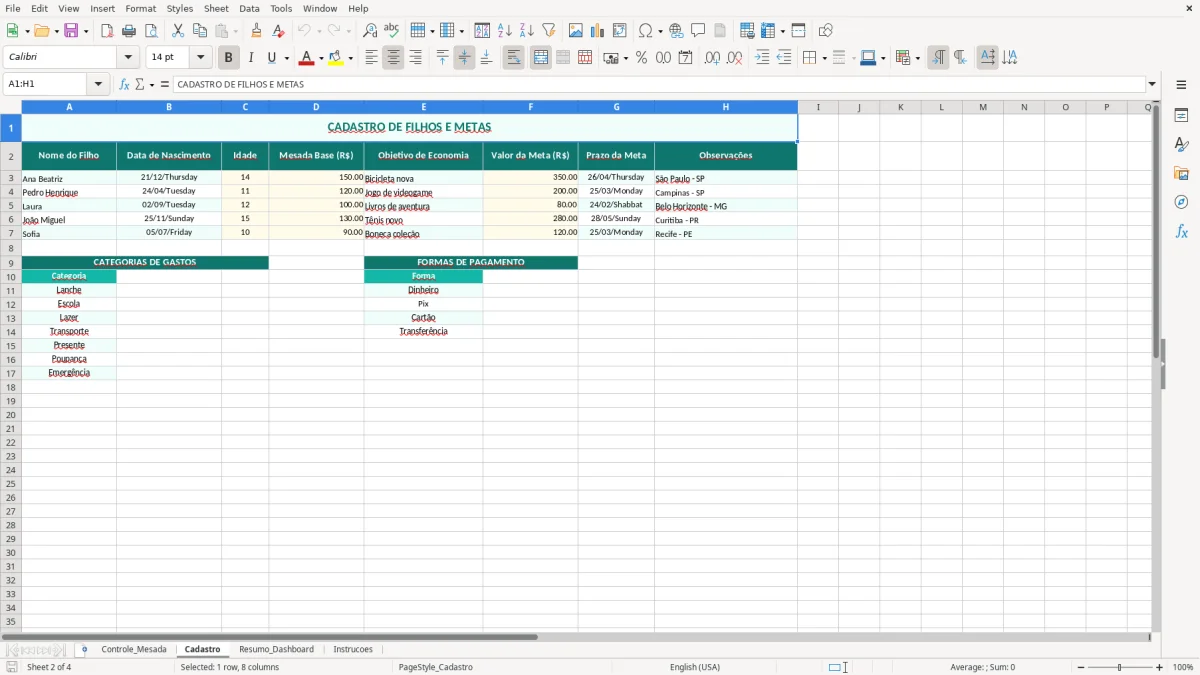 Captura de tela 2: Aba Cadastro - Planilha Excel planilha mesada dos filhos