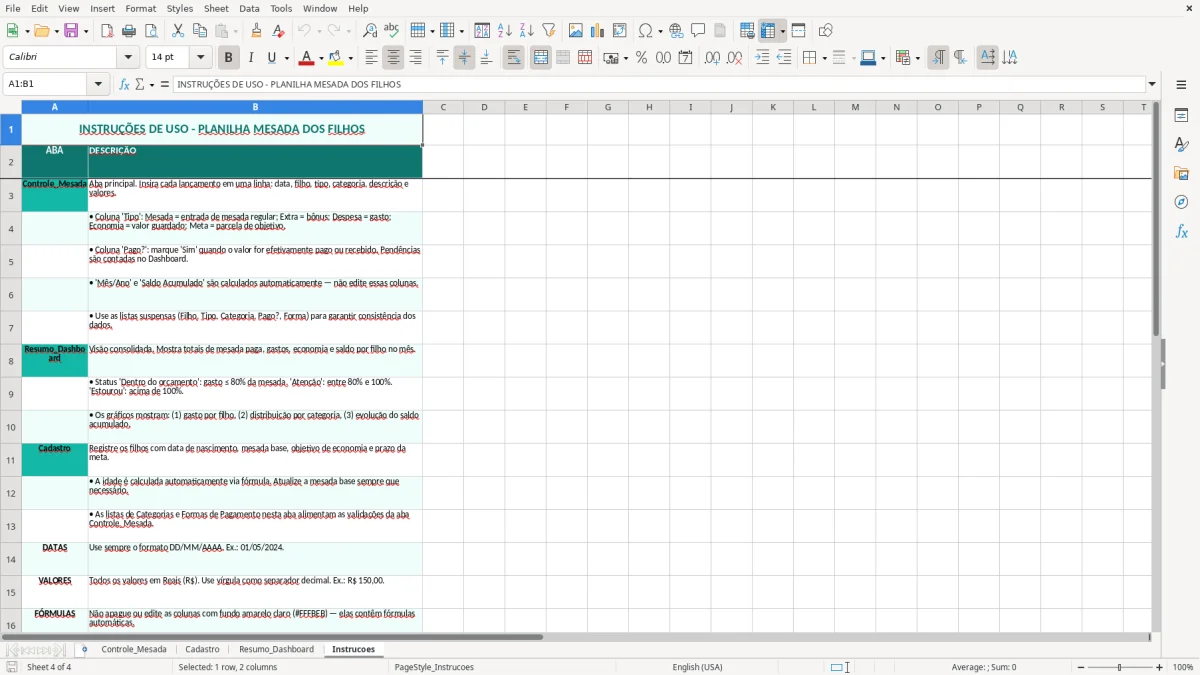 Captura de tela 4: Aba Instrucoes - Planilha Excel planilha mesada dos filhos