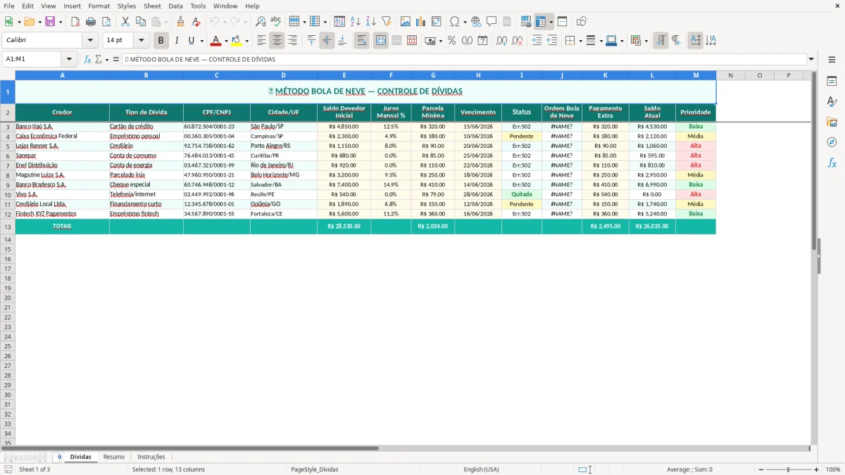 Captura de tela 1: Aba Dívidas - Planilha Excel planilha metodo bola de neve dividas