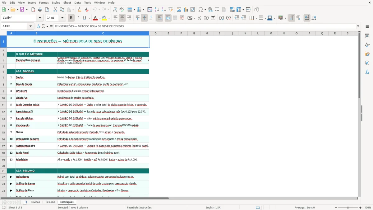 Captura de tela 3: Aba Instruções - Planilha Excel planilha metodo bola de neve dividas