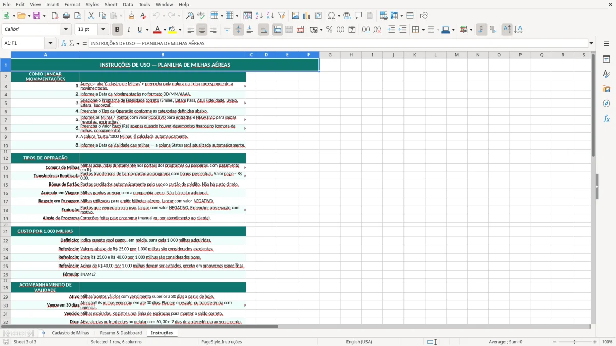 Captura de tela 3: Aba Instruções - Planilha Excel planilha milhas aereas