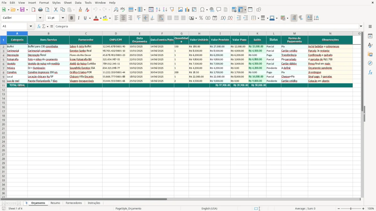 Captura de tela 1: Aba Orçamento - Planilha Excel planilha orcamento de casamento