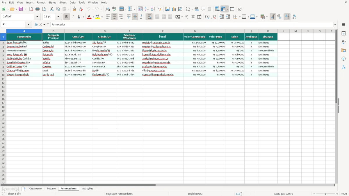 Captura de tela 3: Aba Fornecedores - Planilha Excel planilha orcamento de casamento