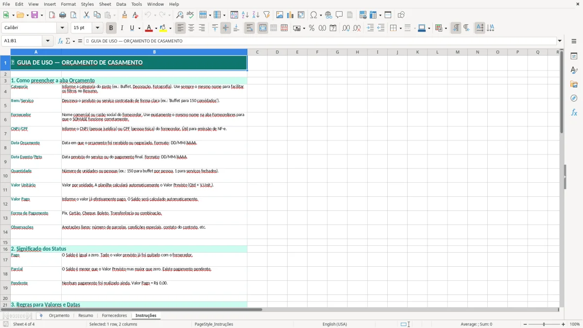 Captura de tela 4: Aba Instruções - Planilha Excel planilha orcamento de casamento