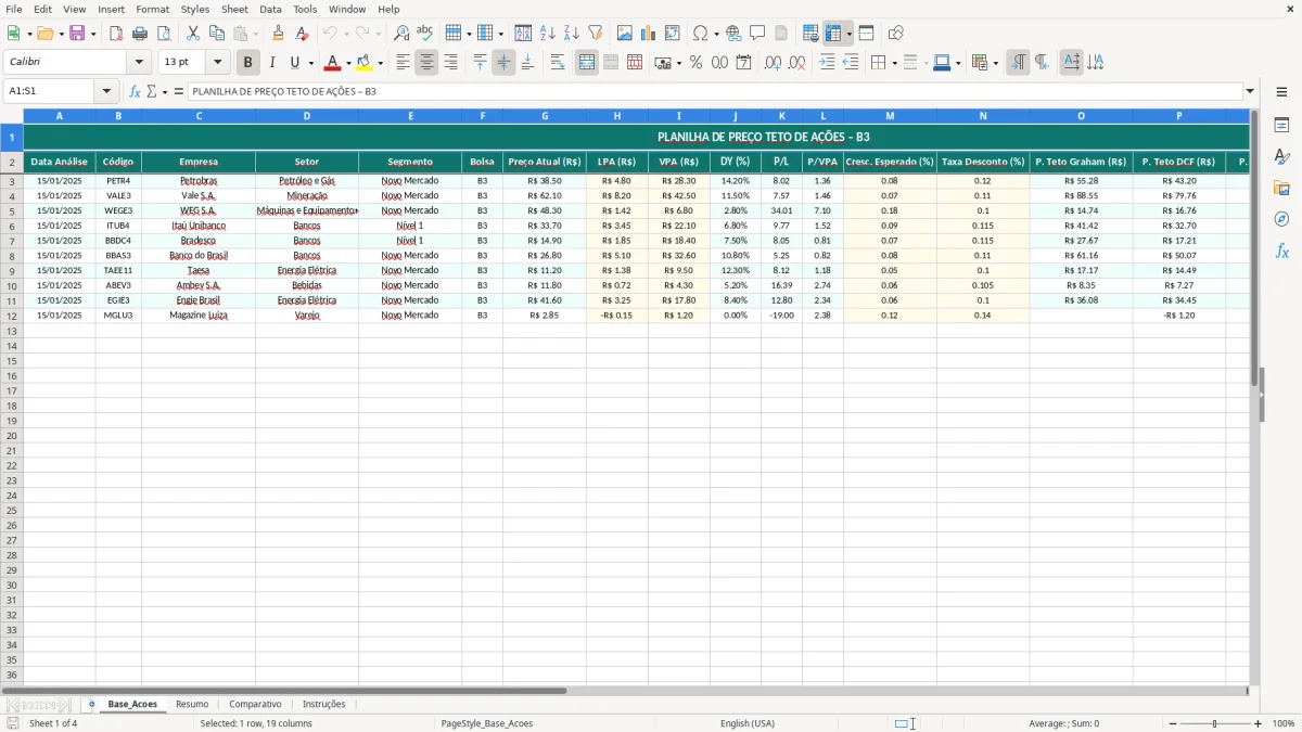 Captura de tela 1: Aba Base_Acoes - Planilha Excel planilha preco teto acoes