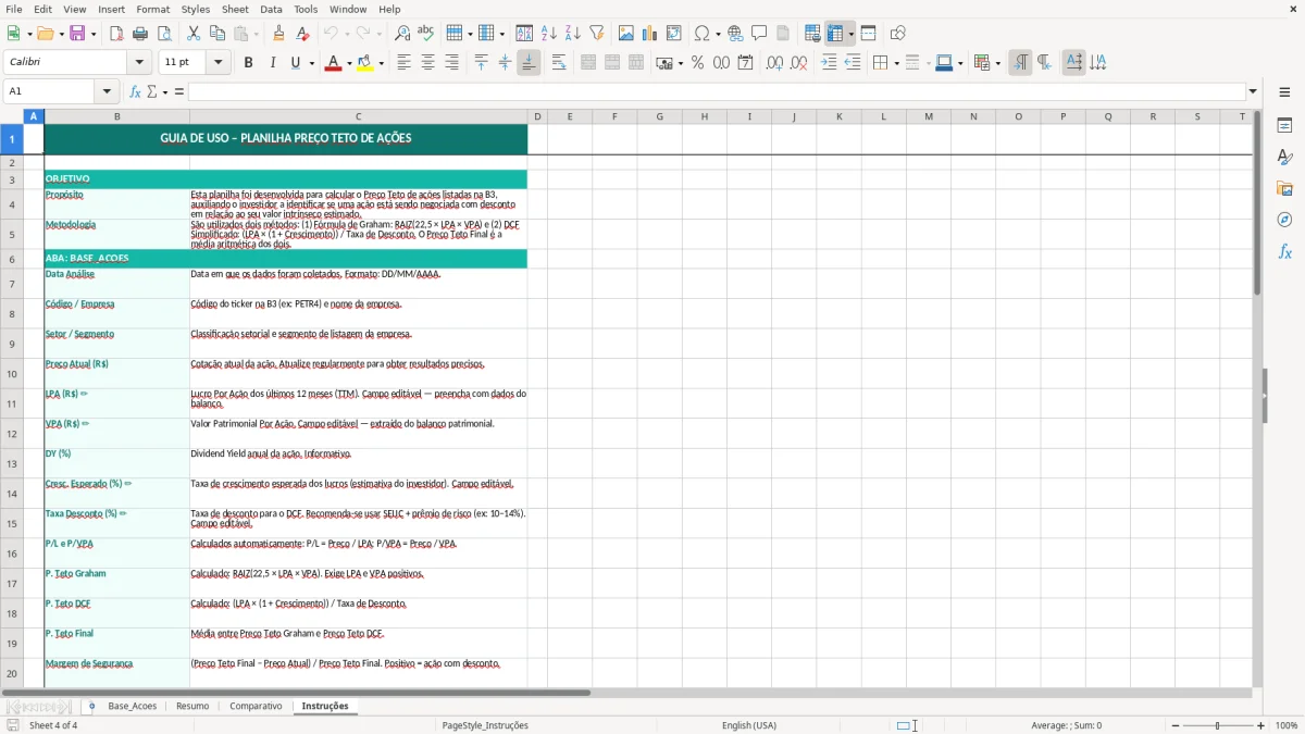Captura de tela 4: Aba Instruções - Planilha Excel planilha preco teto acoes