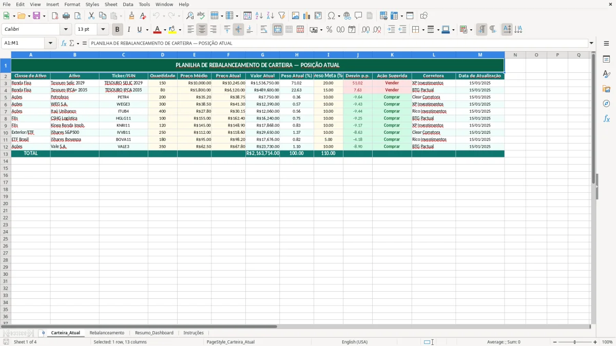 Captura de tela 1: Aba Carteira_Atual - Planilha Excel planilha rebalanceamento de carteira