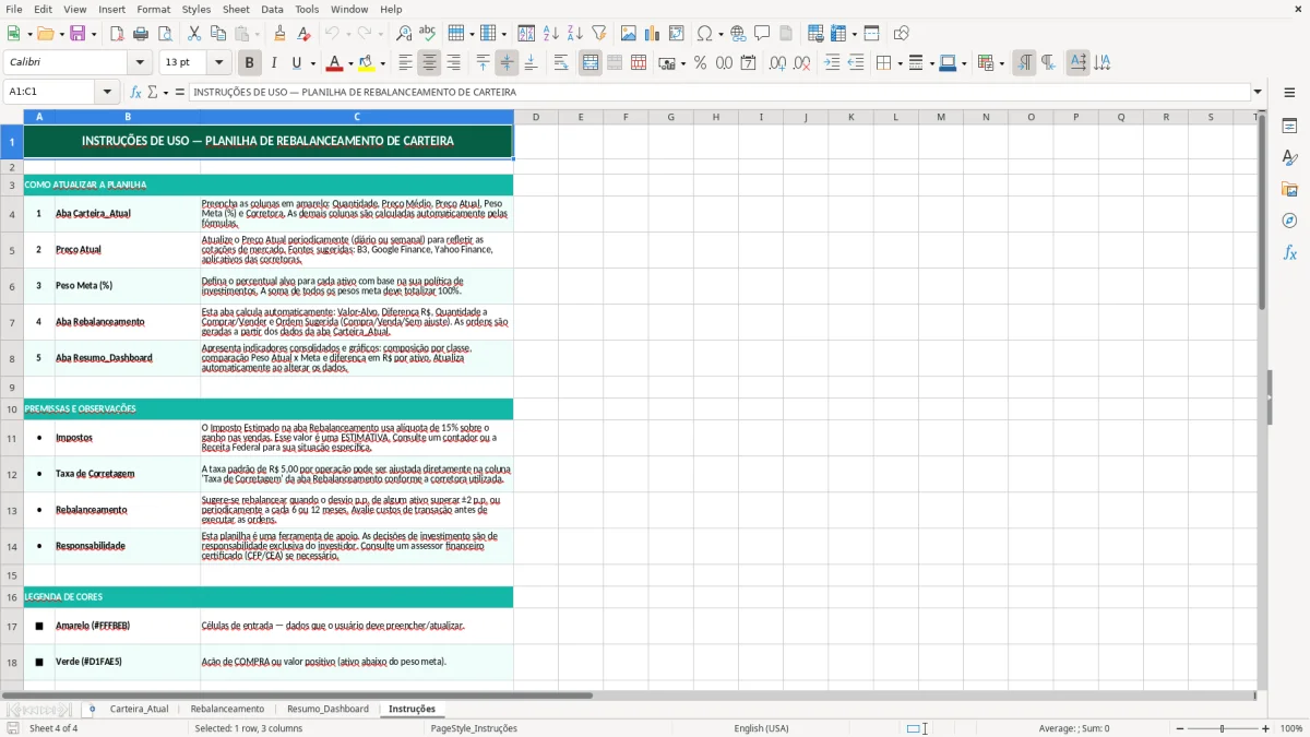 Captura de tela 4: Aba Instruções - Planilha Excel planilha rebalanceamento de carteira