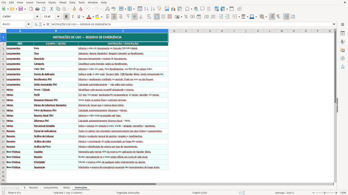 Captura de tela 4: Aba Instruções - Planilha Excel planilha reserva de emergencia