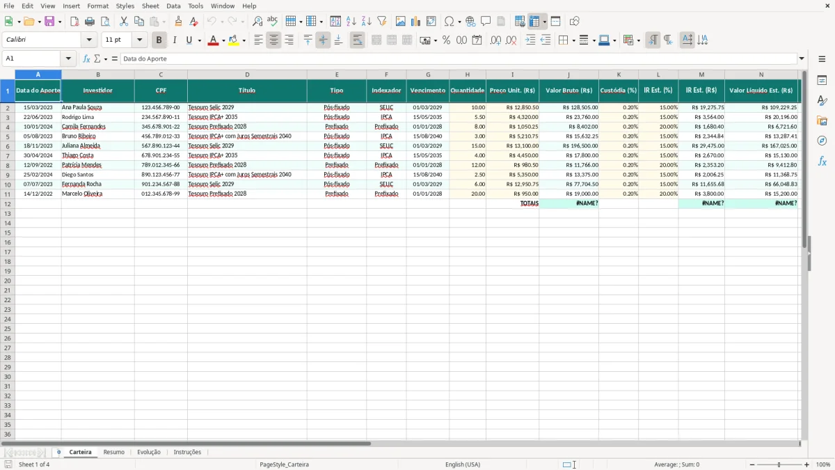 Captura de tela 1: Aba Carteira - Planilha Excel planilha tesouro direto