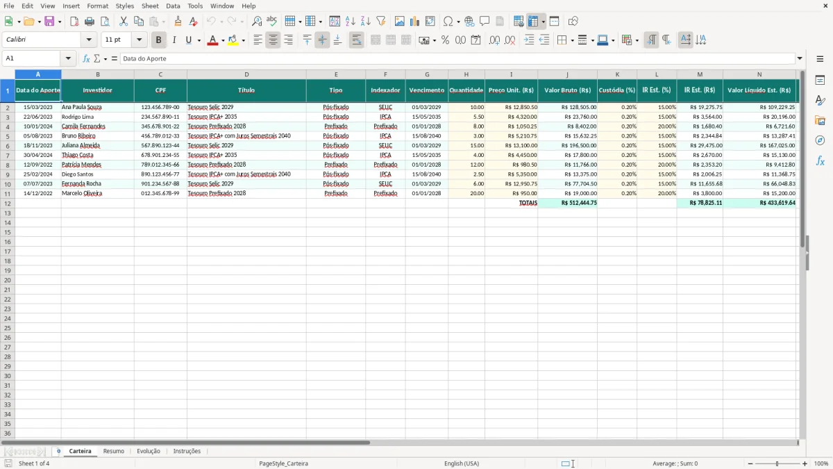 Captura de tela 1: Aba Carteira - Planilha Excel planilha tesouro direto