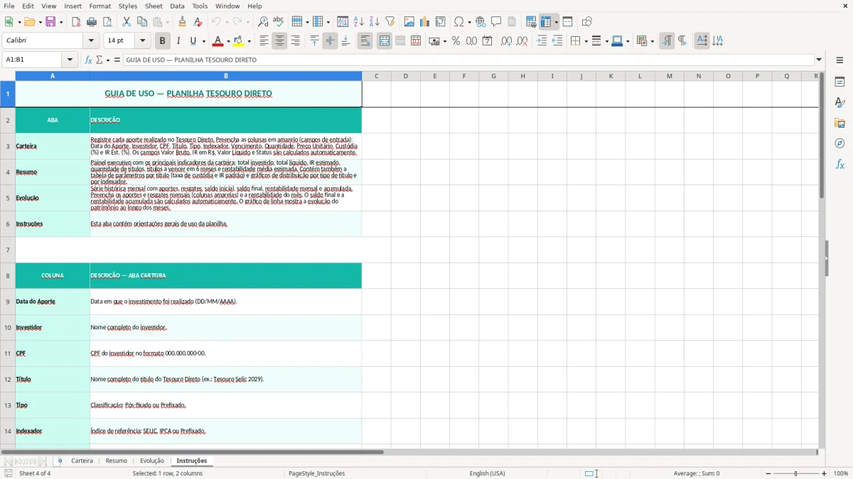Captura de tela 4: Aba Instruções - Planilha Excel planilha tesouro direto