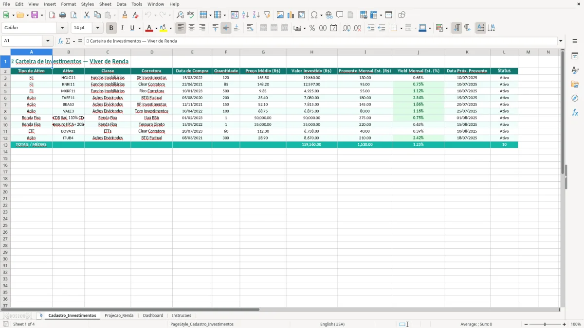 Captura de tela 1: Aba Cadastro_Investimentos - Planilha Excel planilha viver de renda