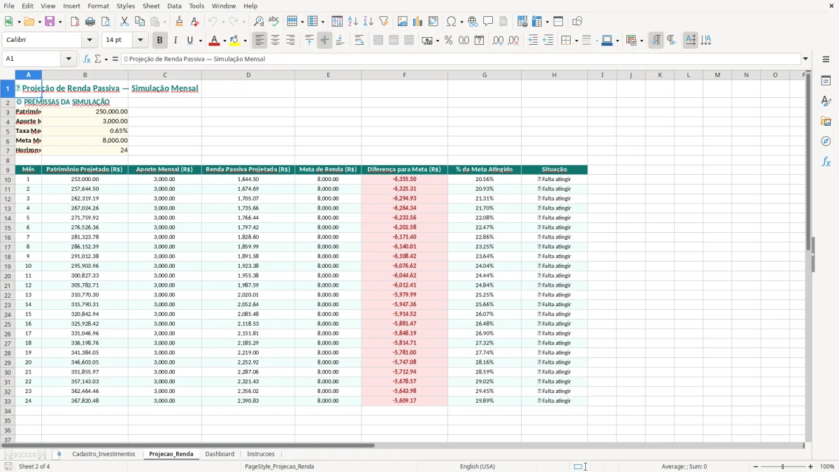 Captura de tela 2: Aba Projecao_Renda - Planilha Excel planilha viver de renda