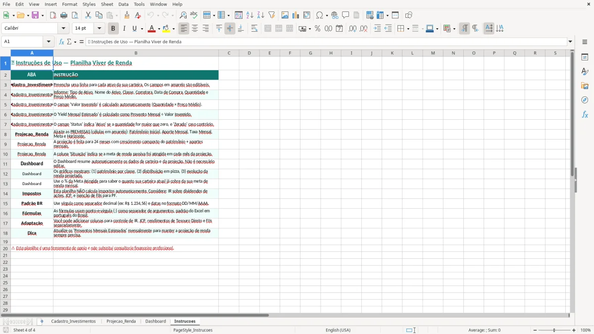 Captura de tela 4: Aba Instrucoes - Planilha Excel planilha viver de renda