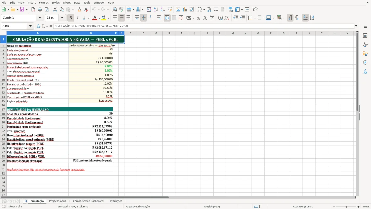 Captura de tela 1: Aba Simulação - Planilha Excel Aposentadoria Privada PGBL VGBL Simulação Excel