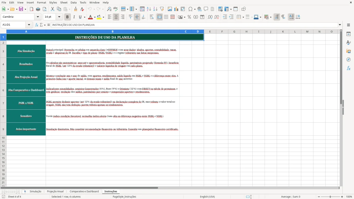 Captura de tela 4: Aba Instruções - Planilha Excel Aposentadoria Privada PGBL VGBL Simulação Excel