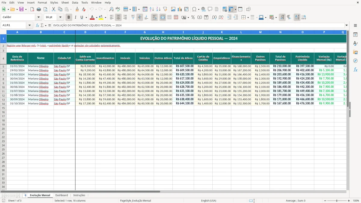 Captura de tela 1: Aba Evolução Mensal - Planilha Excel Patrimônio Líquido Pessoal Evolução Excel