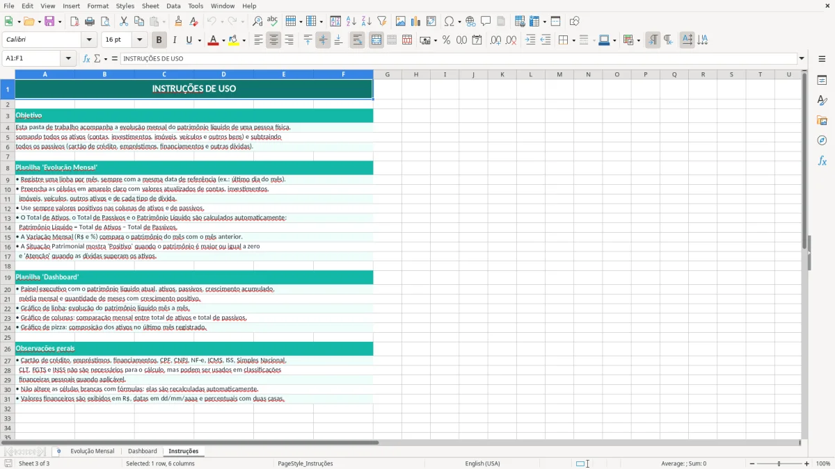 Captura de tela 3: Aba Instruções - Planilha Excel Patrimônio Líquido Pessoal Evolução Excel