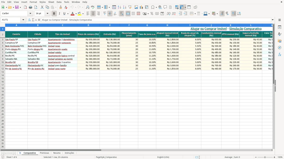 Captura de tela 1: Aba Comparativo - Planilha Excel planilha alugar ou comprar imovel