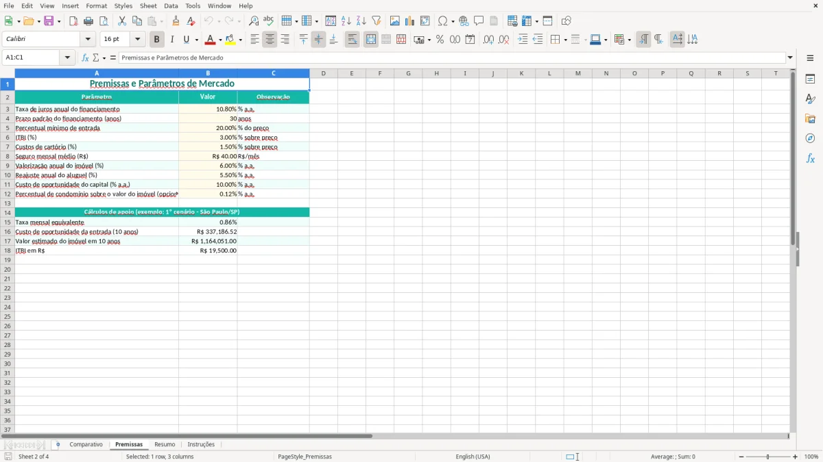 Captura de tela 2: Aba Premissas - Planilha Excel planilha alugar ou comprar imovel