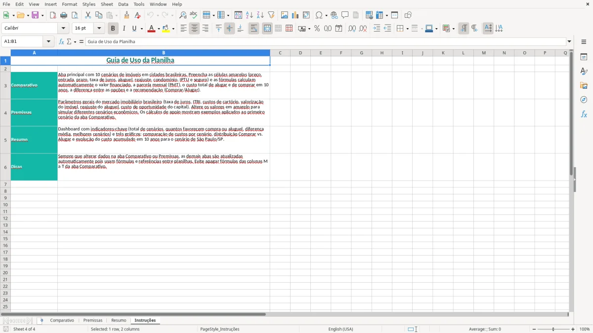 Captura de tela 4: Aba Instruções - Planilha Excel planilha alugar ou comprar imovel