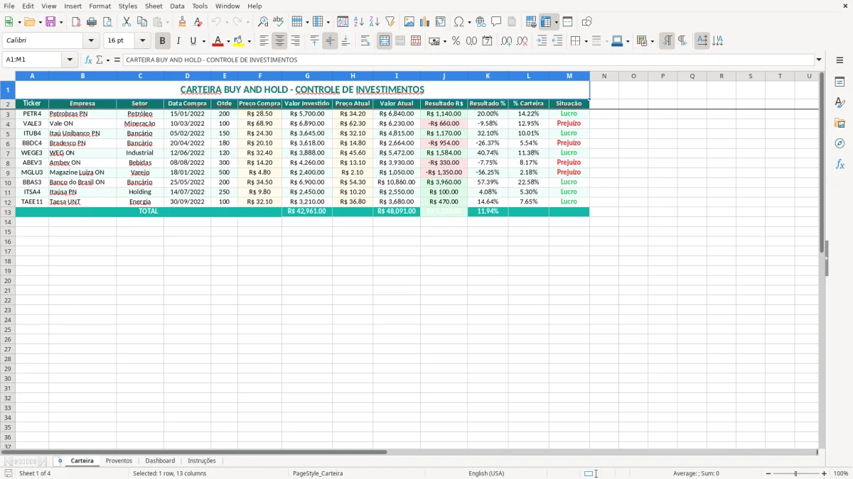 Captura de tela 1: Aba Carteira - Planilha Excel planilha buy and hold