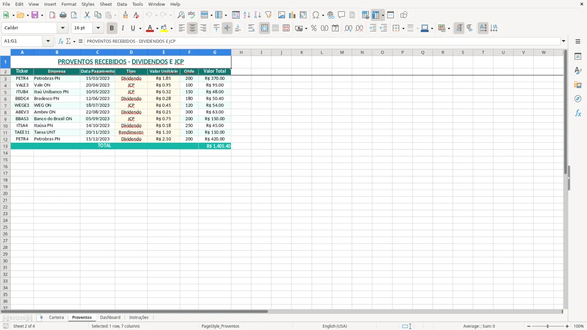 Captura de tela 2: Aba Proventos - Planilha Excel planilha buy and hold