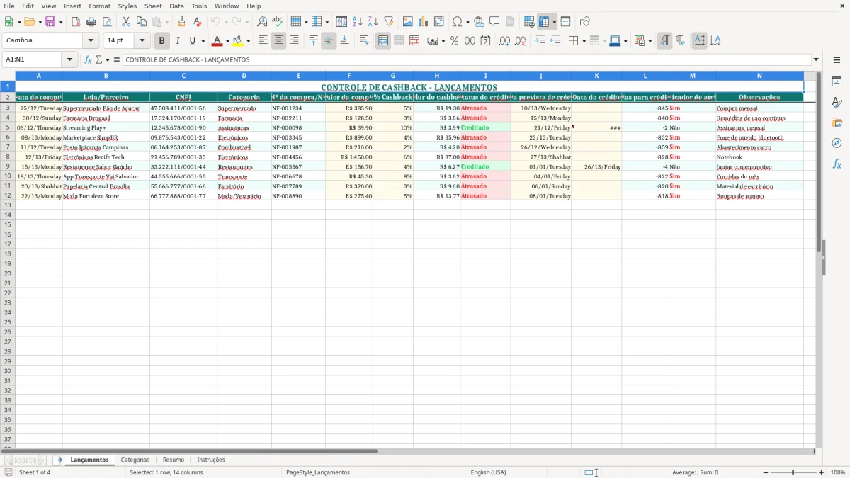 Captura de tela 1: Aba Lançamentos - Planilha Excel planilha cashback controle
