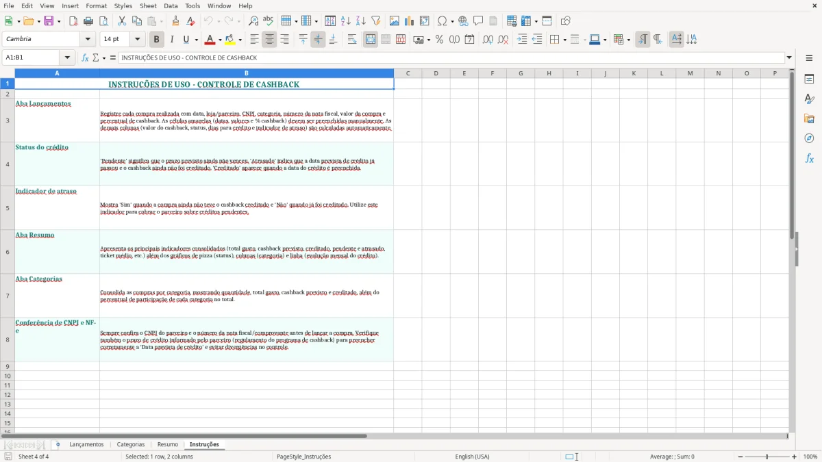 Captura de tela 4: Aba Instruções - Planilha Excel planilha cashback controle