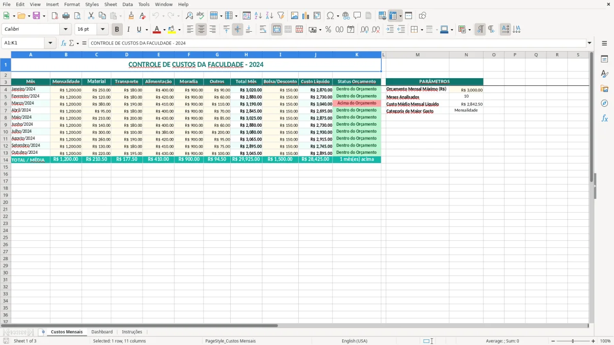 Captura de tela 1: Aba Custos Mensais - Planilha Excel planilha custo faculdade