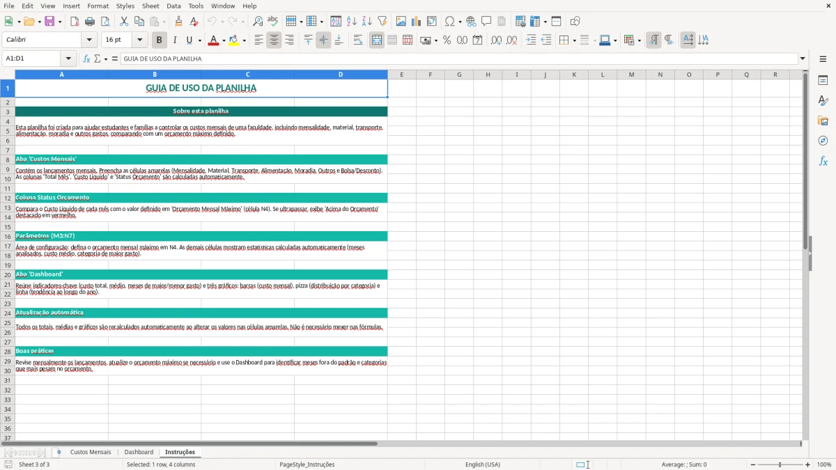 Captura de tela 3: Aba Instruções - Planilha Excel planilha custo faculdade