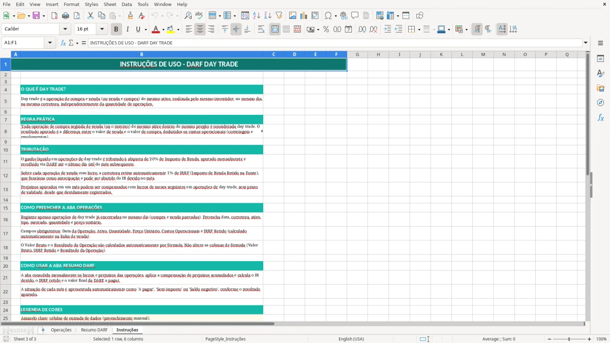 Captura de tela 3: Aba Instruções - Planilha Excel planilha darf day trade