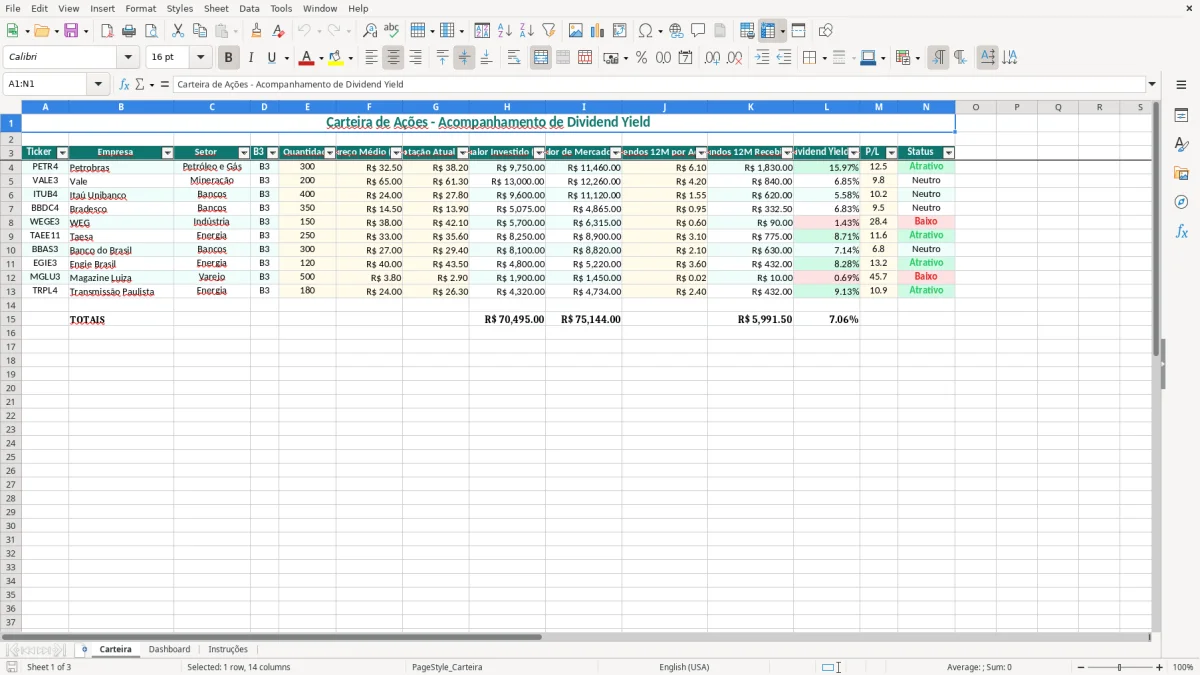 Captura de tela 1: Aba Carteira - Planilha Excel planilha dividend yield