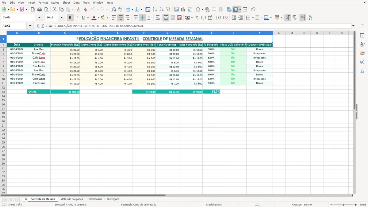 Captura de tela 1: Aba Controle de Mesada - Planilha Excel planilha educacao financeira infantil