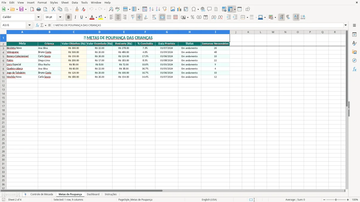 Captura de tela 2: Aba Metas de Poupança - Planilha Excel planilha educacao financeira infantil