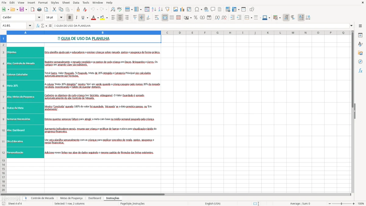 Captura de tela 4: Aba Instruções - Planilha Excel planilha educacao financeira infantil