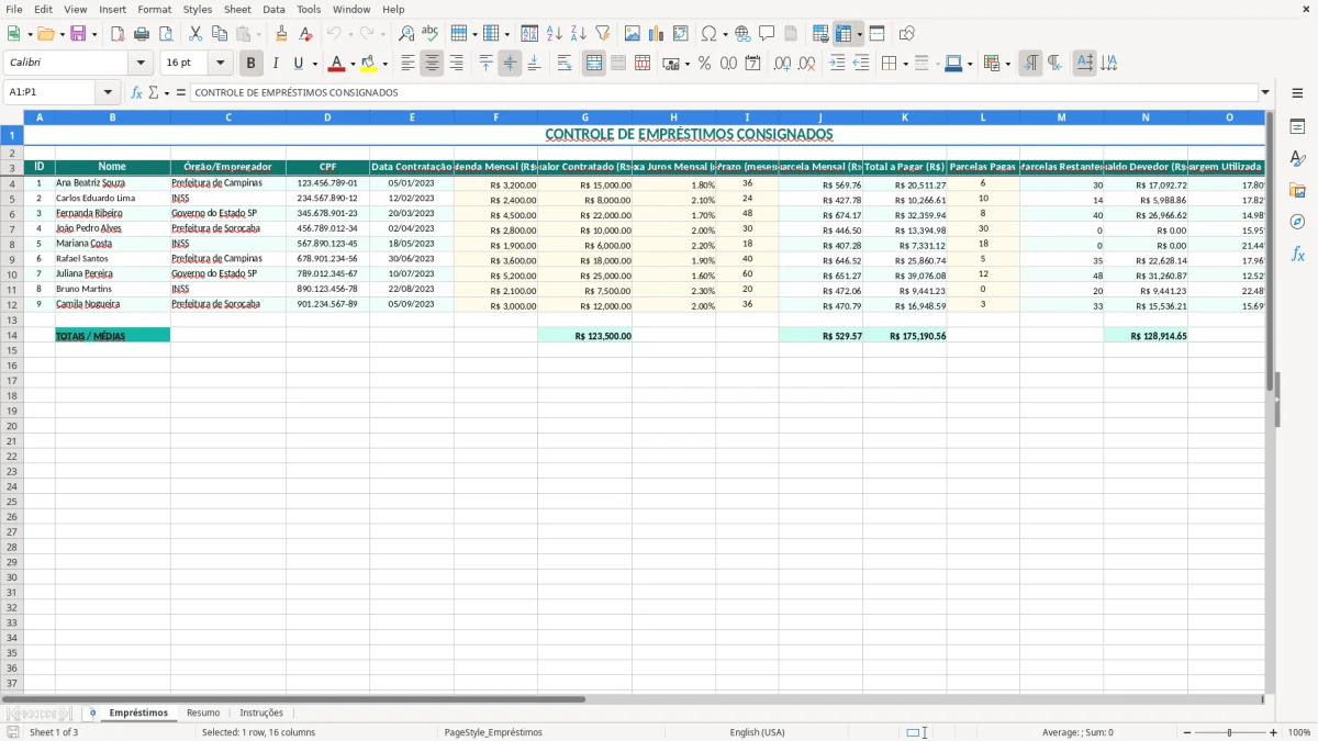Captura de tela 1: Aba Empréstimos - Planilha Excel planilha emprestimo consignado