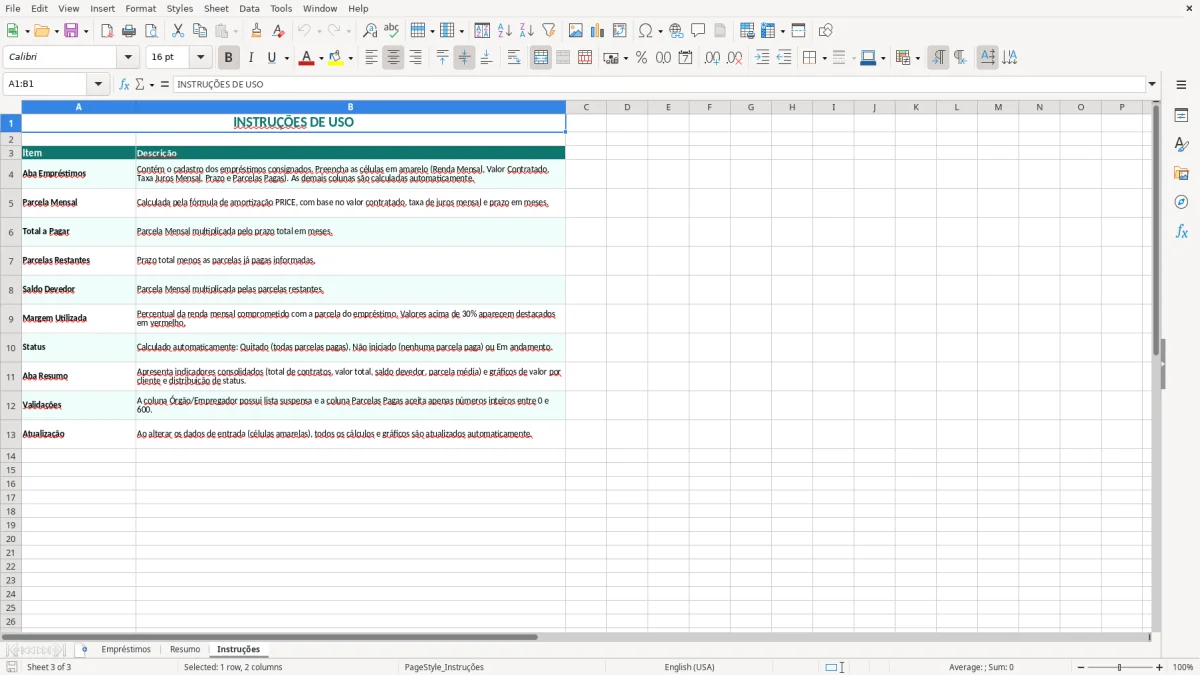 Captura de tela 3: Aba Instruções - Planilha Excel planilha emprestimo consignado