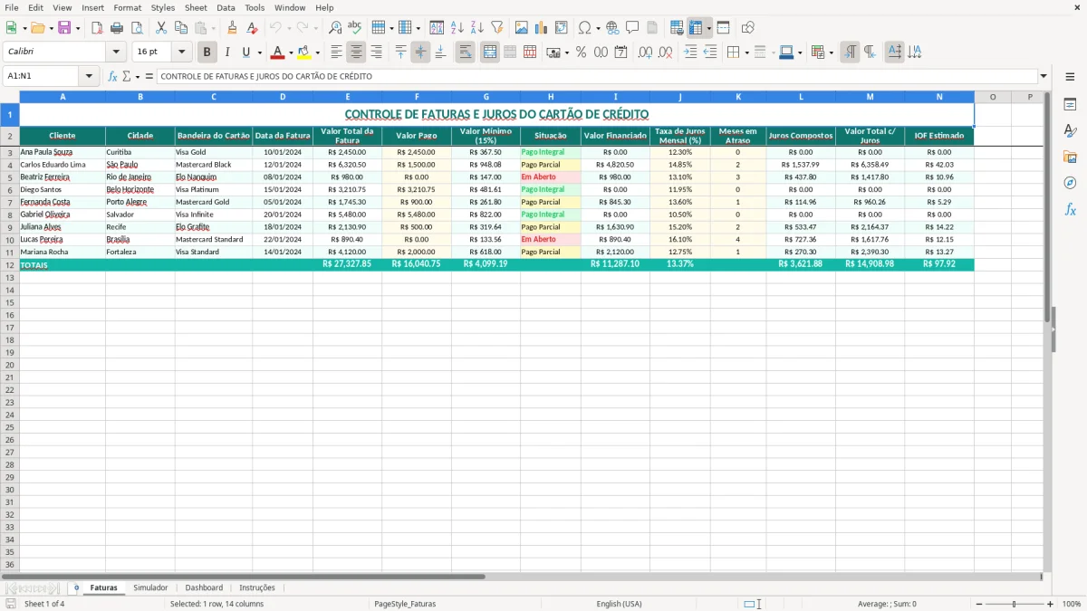 Captura de tela 1: Aba Faturas - Planilha Excel planilha juros do cartao de credito