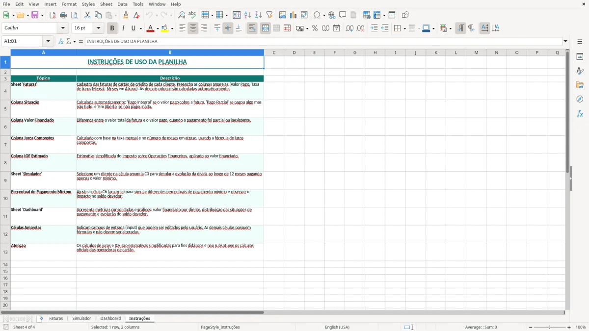 Captura de tela 4: Aba Instruções - Planilha Excel planilha juros do cartao de credito