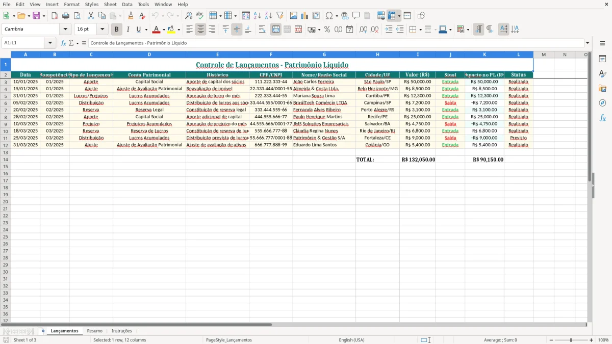 Captura de tela 1: Aba Lançamentos - Planilha Excel planilha patrimonio liquido